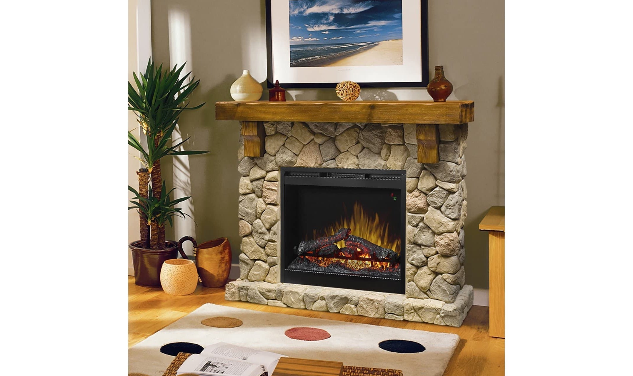 Fieldstone Natural Man-made Stone Mantel Fireplace with Log